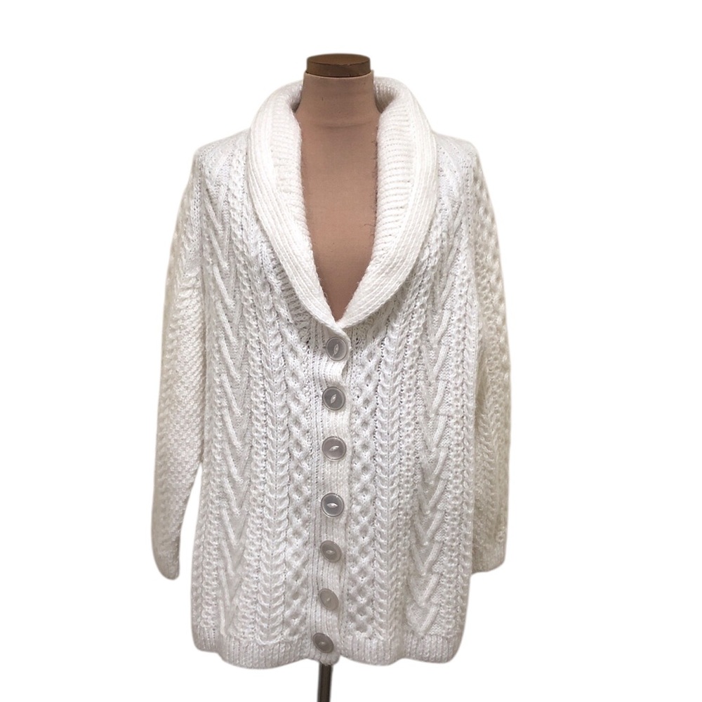 Cozy Cable Knit Shawl Collar Button-Front Sweater - White